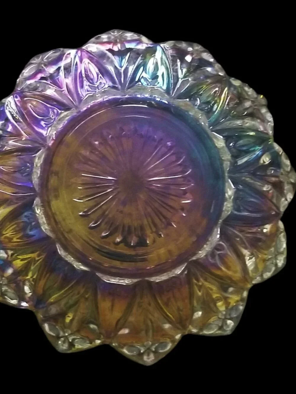 Vintage Federal Glass Petal Iridescent 10” Bowl Atomic Starburst MCM